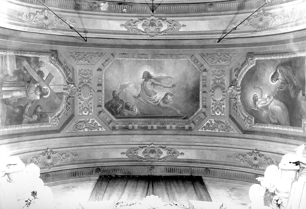 Cristo portacroce; Resurrezione di Cristo; angelo con calice davanti a Cristo; motivi decorativi - Pieve di Cento, Bologna